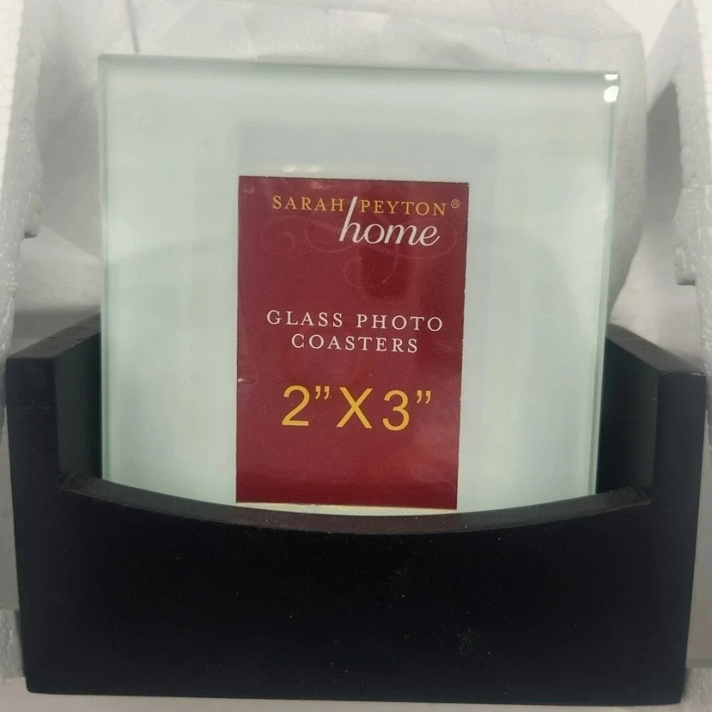 Set of 4 Frosted Glass Photo‎ Coasters with Wood Stand by Sarah Peyton Home